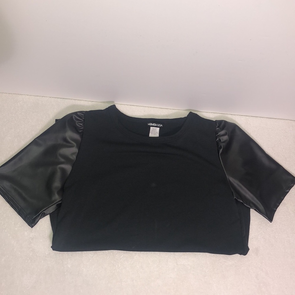 OUTFIT NWT BLACK FAUX LEATHER SHIRT Sm FAUX leather SLEEVES, FAUX PANTS LG